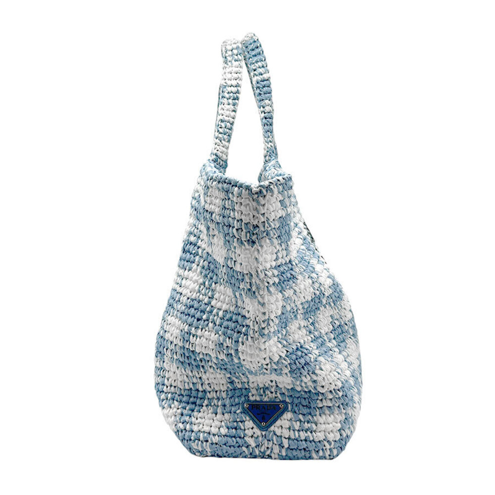 Prada Tote White Yarn Crochet Blue Raffia Bag